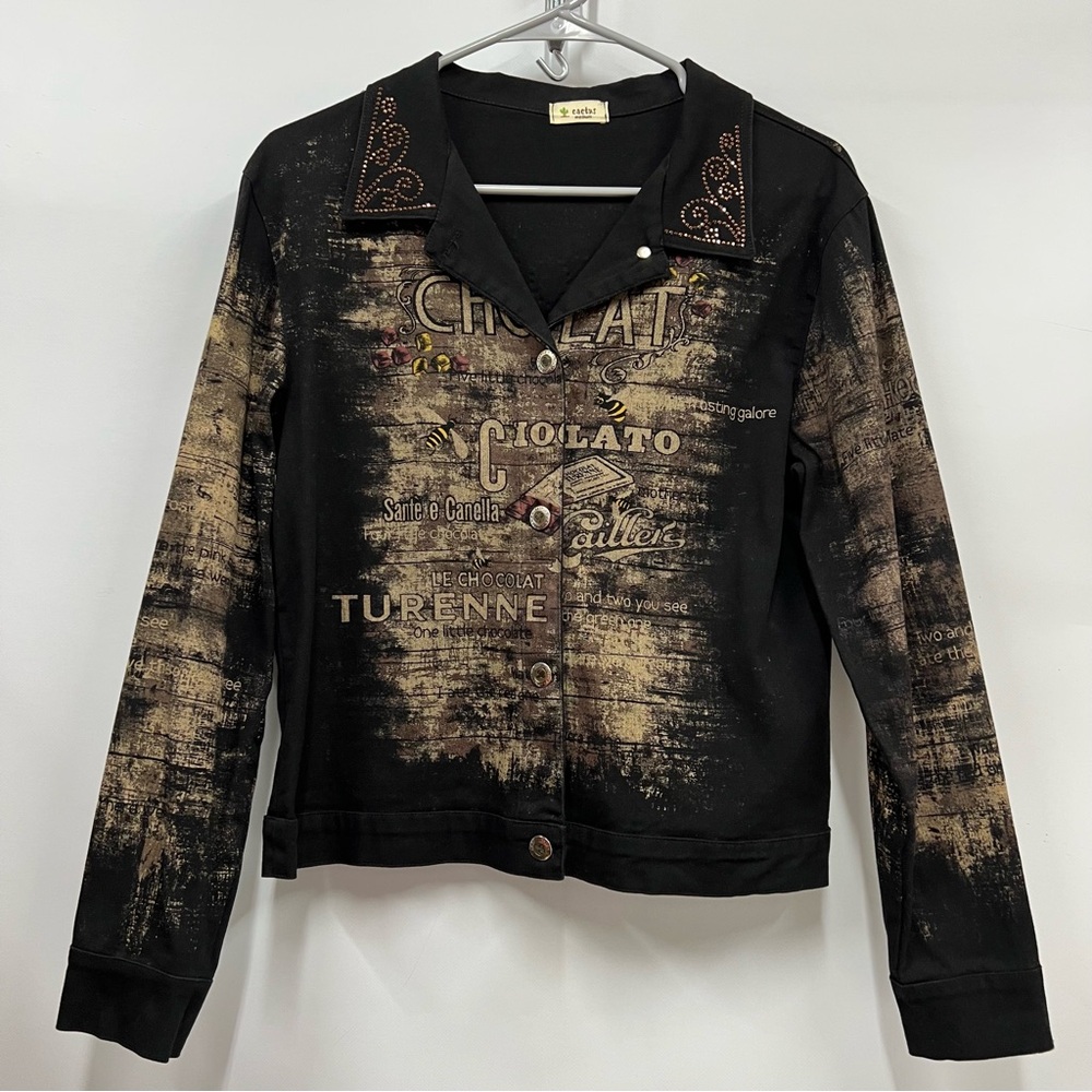 Vintage Cactus M Black Brown Chocolat theme rhinestone button down Jean Jacket